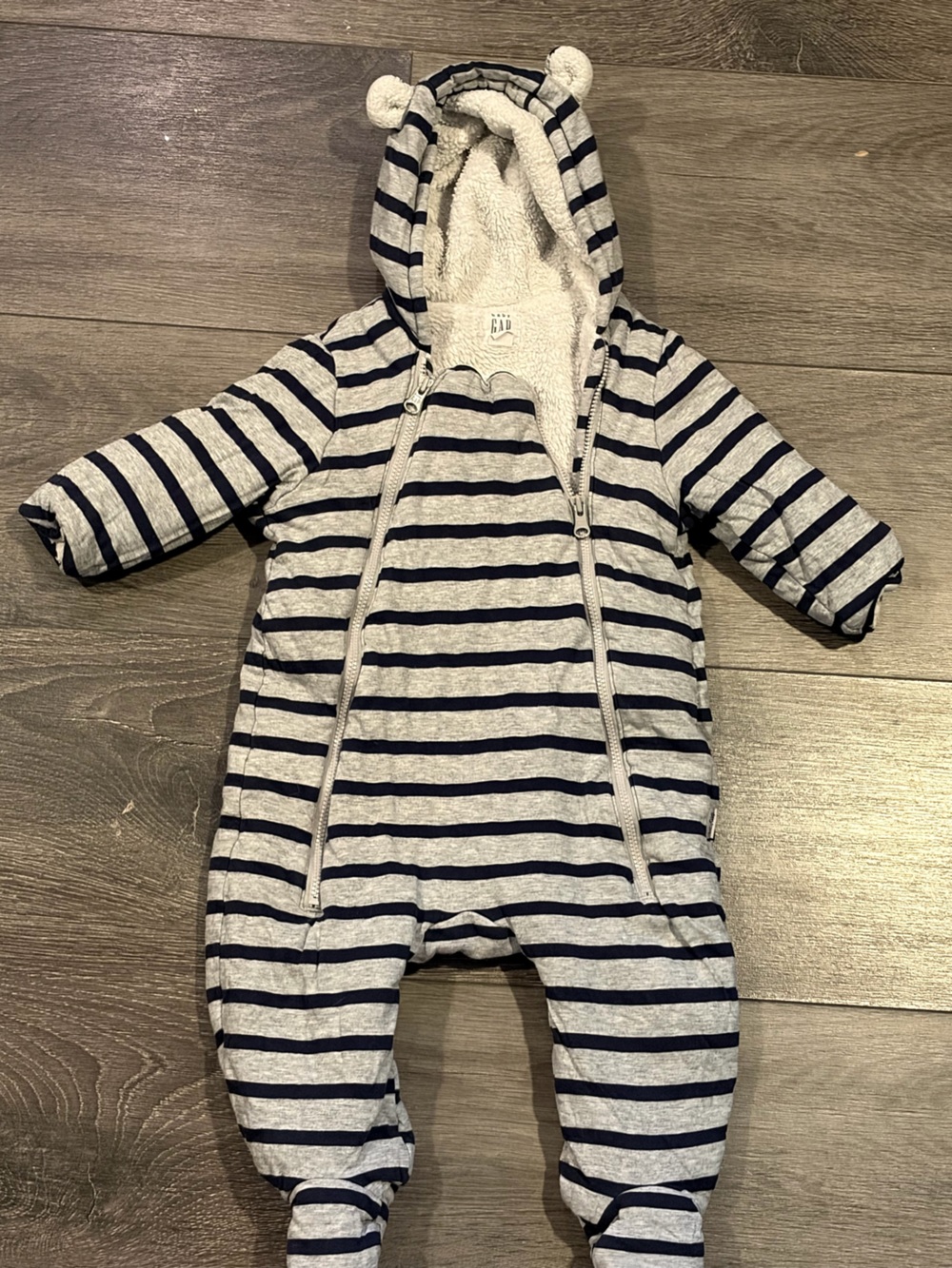 Baby Gap Striped Hooded Baby One-Piece with Sherpa Lining - Gray & Navy Snowsuit